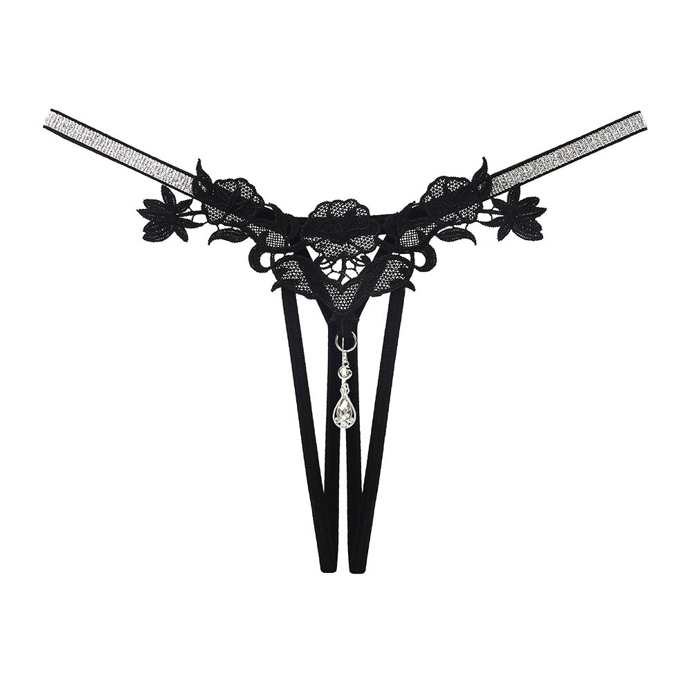 闪亮水钻刺绣开档丁字裤 Sparkly Embroidered Crotchless Thong with Charm