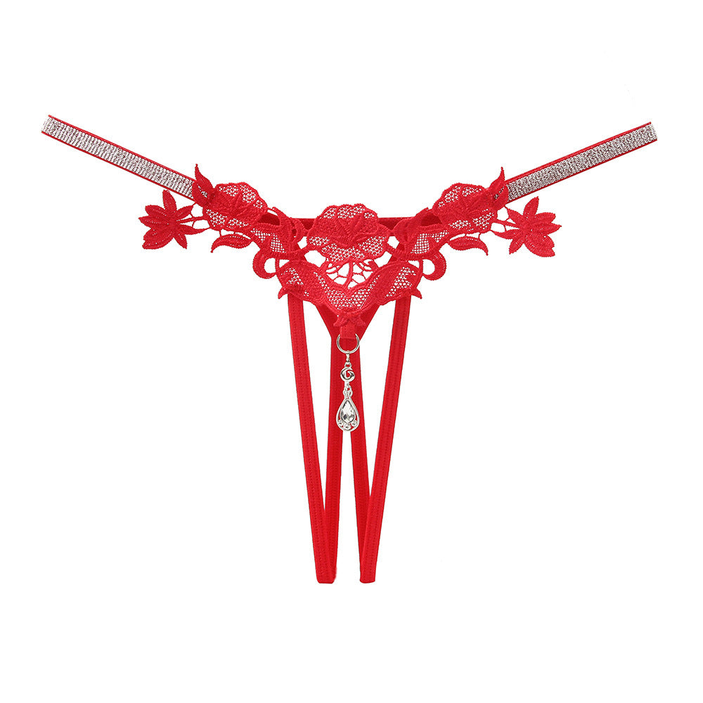 闪亮水钻刺绣开档丁字裤 Sparkly Embroidered Crotchless Thong with Charm