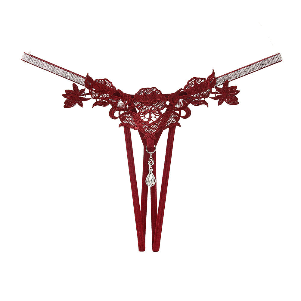闪亮水钻刺绣开档丁字裤 Sparkly Embroidered Crotchless Thong with Charm