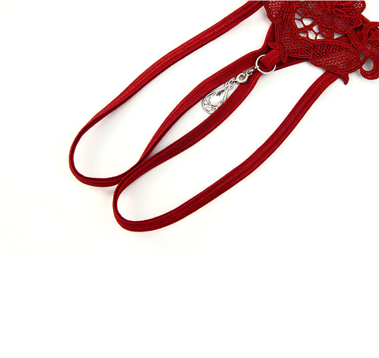 闪亮水钻刺绣开档丁字裤 Sparkly Embroidered Crotchless Thong with Charm