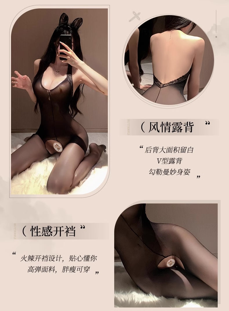 裸背透明挂脖连身袜 Bare Back Sheer Halter Bodysuit Stocking